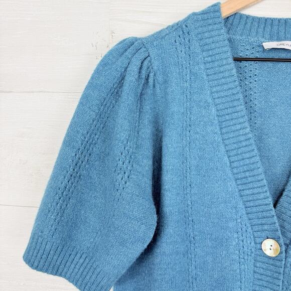 Anthropologie Greylin Puff Short Sleeve Cardigan Sweater Large Teal Romantic - Picture 4 of 13